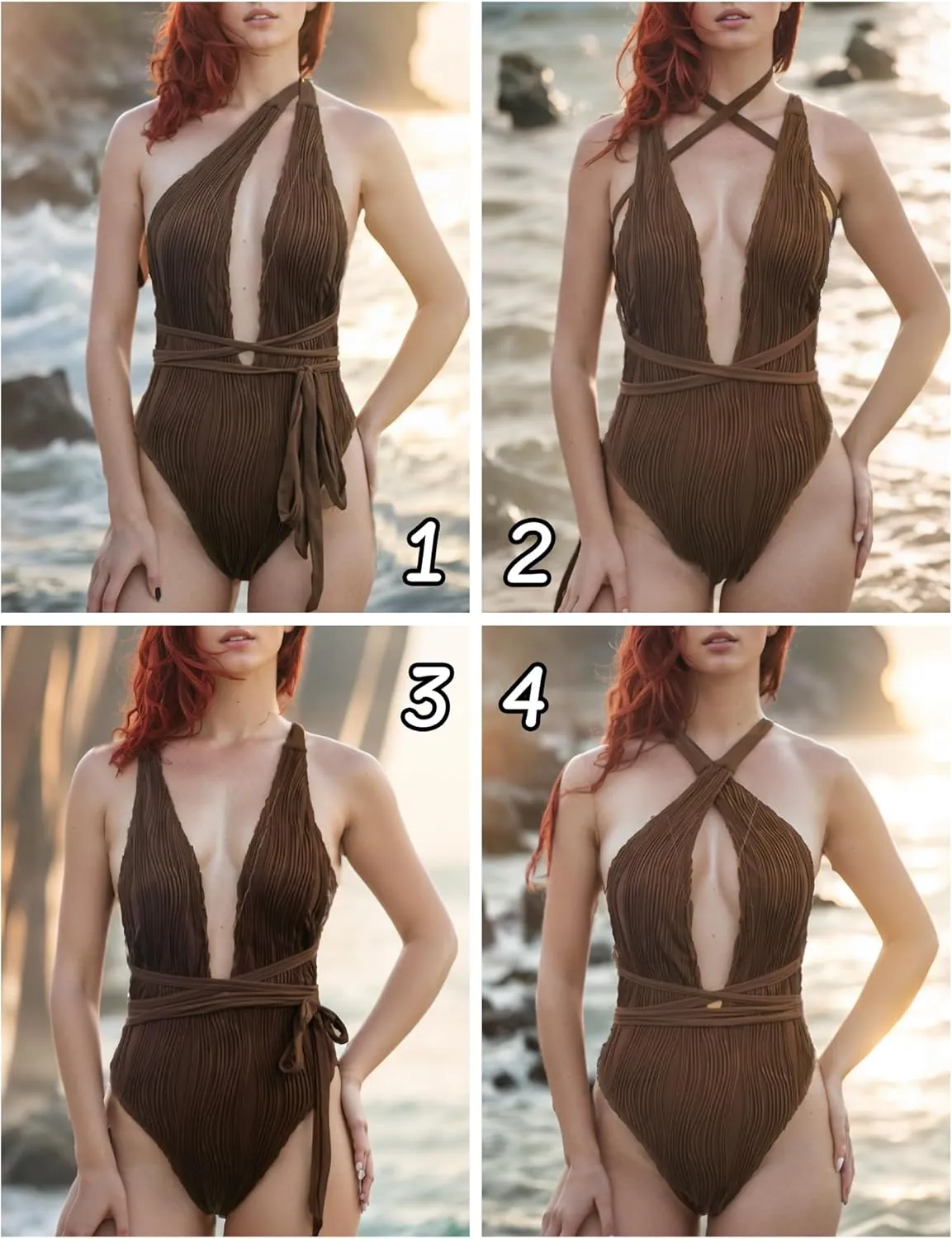 ZAFUL Women's One Piece Swimsuit Deep V Neck Ribbed Self Tie Sexy High Cut Bathing Suit Crisscross Back Swimwear