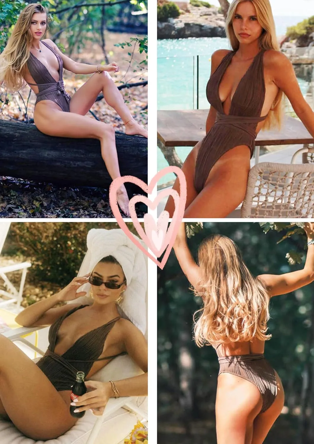 ZAFUL Women's One Piece Swimsuit Deep V Neck Ribbed Self Tie Sexy High Cut Bathing Suit Crisscross Back Swimwear