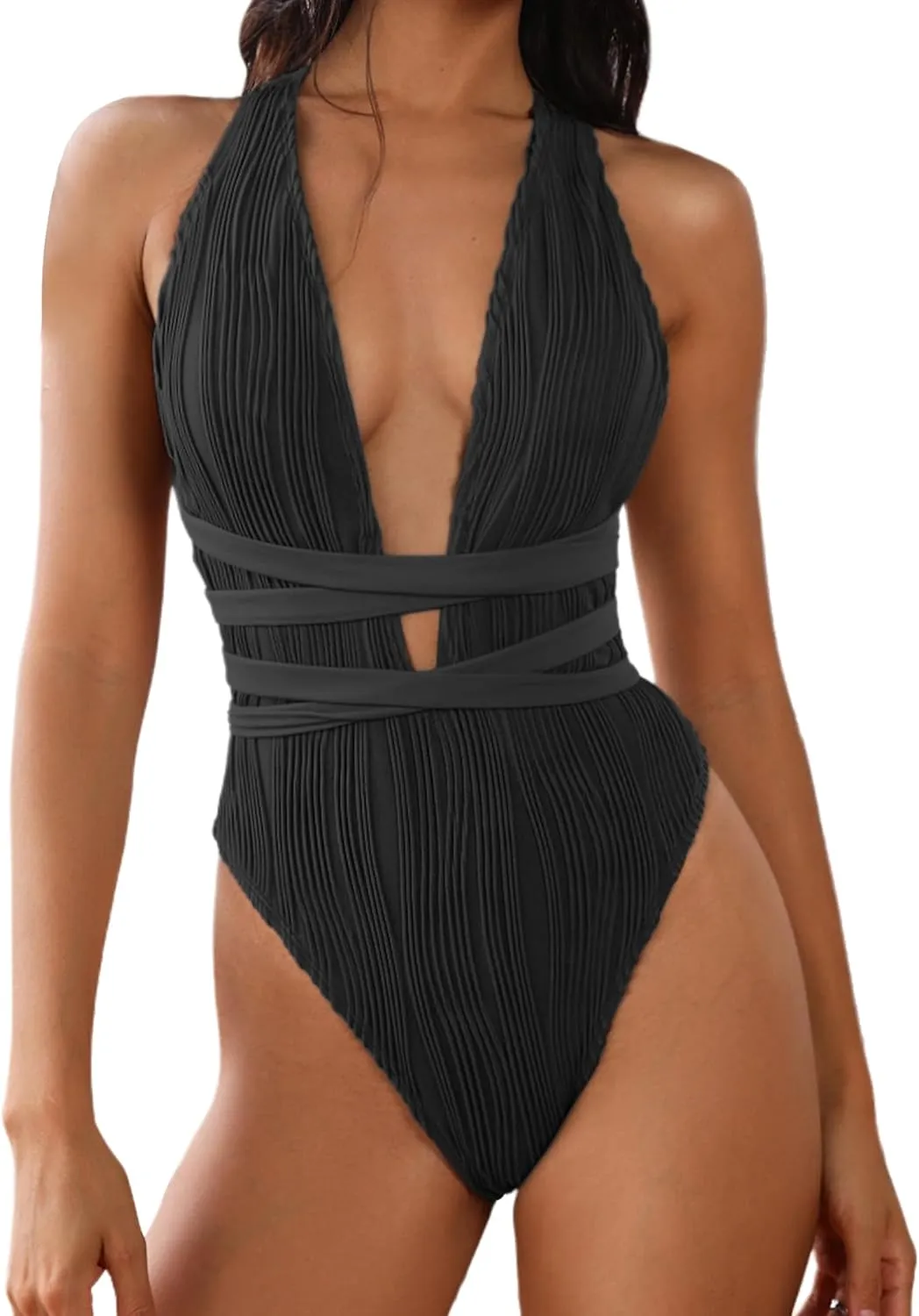 ZAFUL Women's One Piece Swimsuit Deep V Neck Ribbed Self Tie Sexy High Cut Bathing Suit Crisscross Back Swimwear