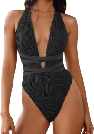 ZAFUL Women's One Piece Swimsuit Deep V Neck Ribbed Self Tie Sexy High Cut Bathing Suit Crisscross Back Swimwear