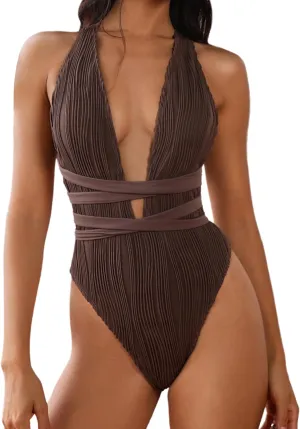 ZAFUL Women's One Piece Swimsuit Deep V Neck Ribbed Self Tie Sexy High Cut Bathing Suit Crisscross Back Swimwear
