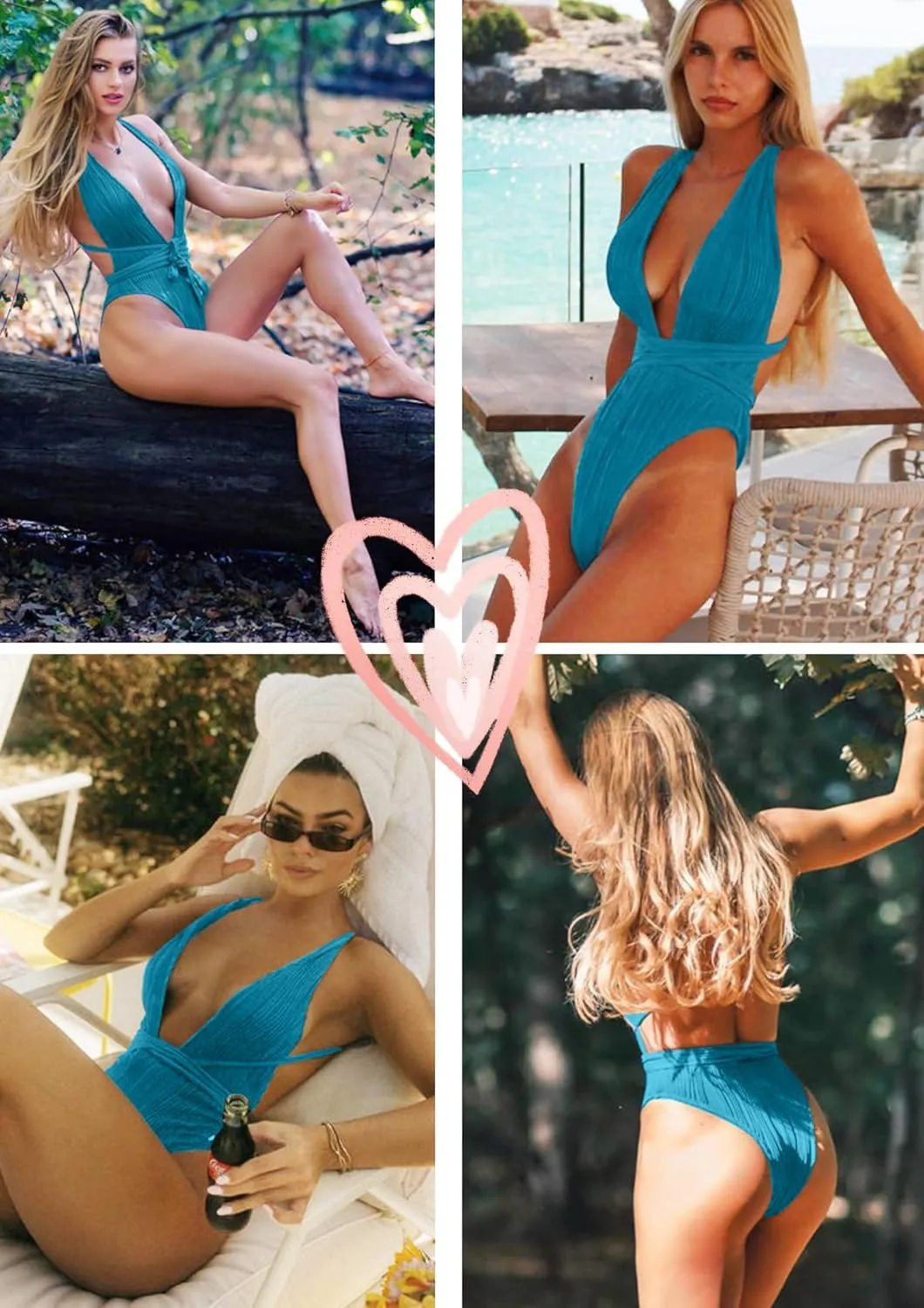ZAFUL Women's One Piece Swimsuit Deep V Neck Ribbed Self Tie Sexy High Cut Bathing Suit Crisscross Back Swimwear