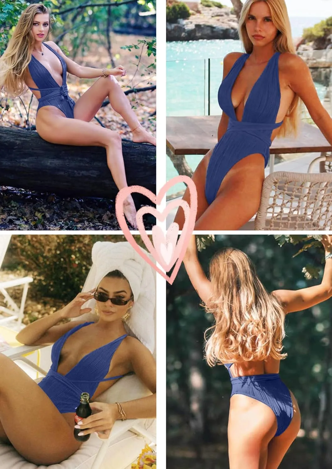 ZAFUL Women's One Piece Swimsuit Deep V Neck Ribbed Self Tie Sexy High Cut Bathing Suit Crisscross Back Swimwear