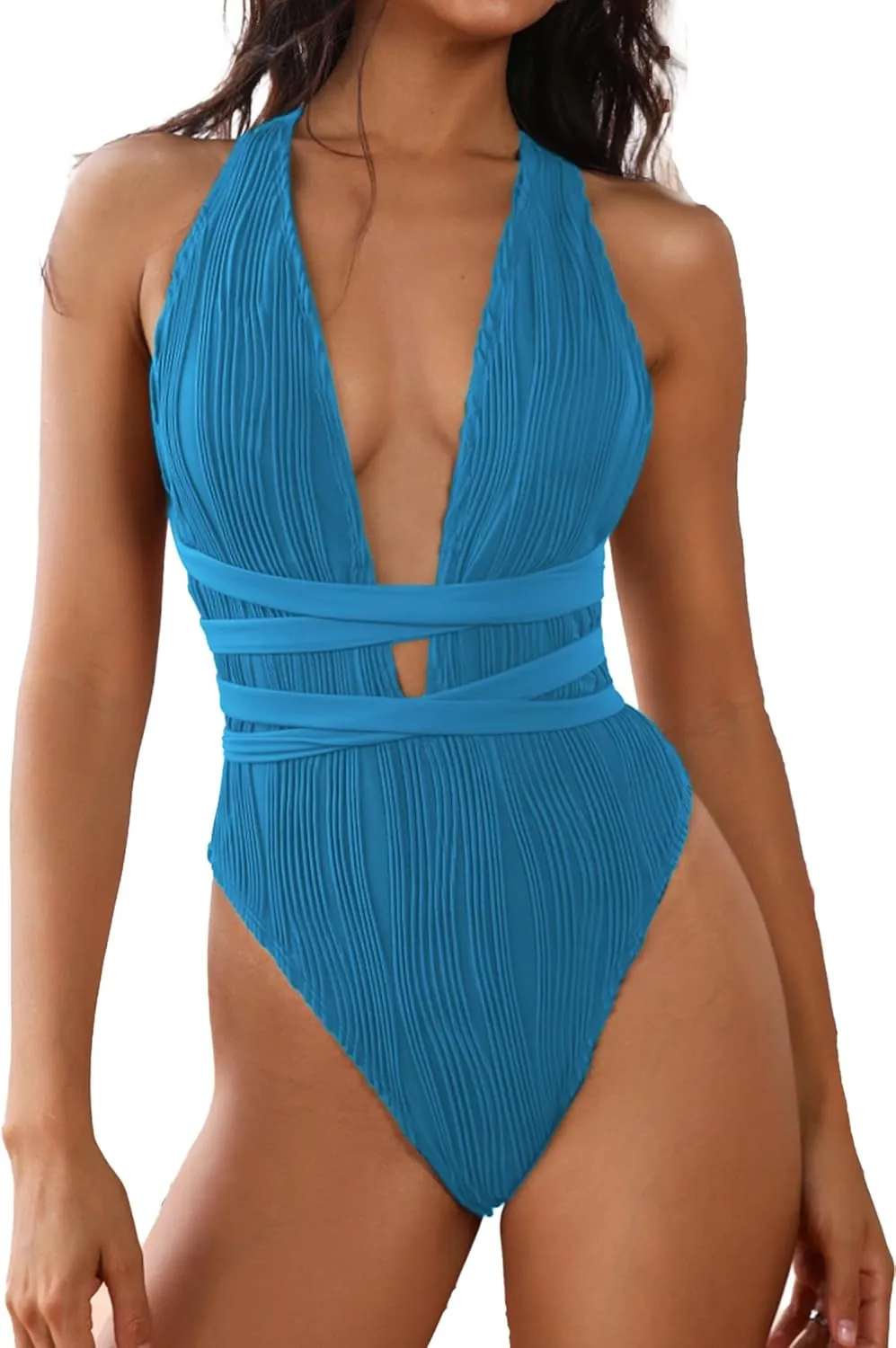 ZAFUL Women's One Piece Swimsuit Deep V Neck Ribbed Self Tie Sexy High Cut Bathing Suit Crisscross Back Swimwear
