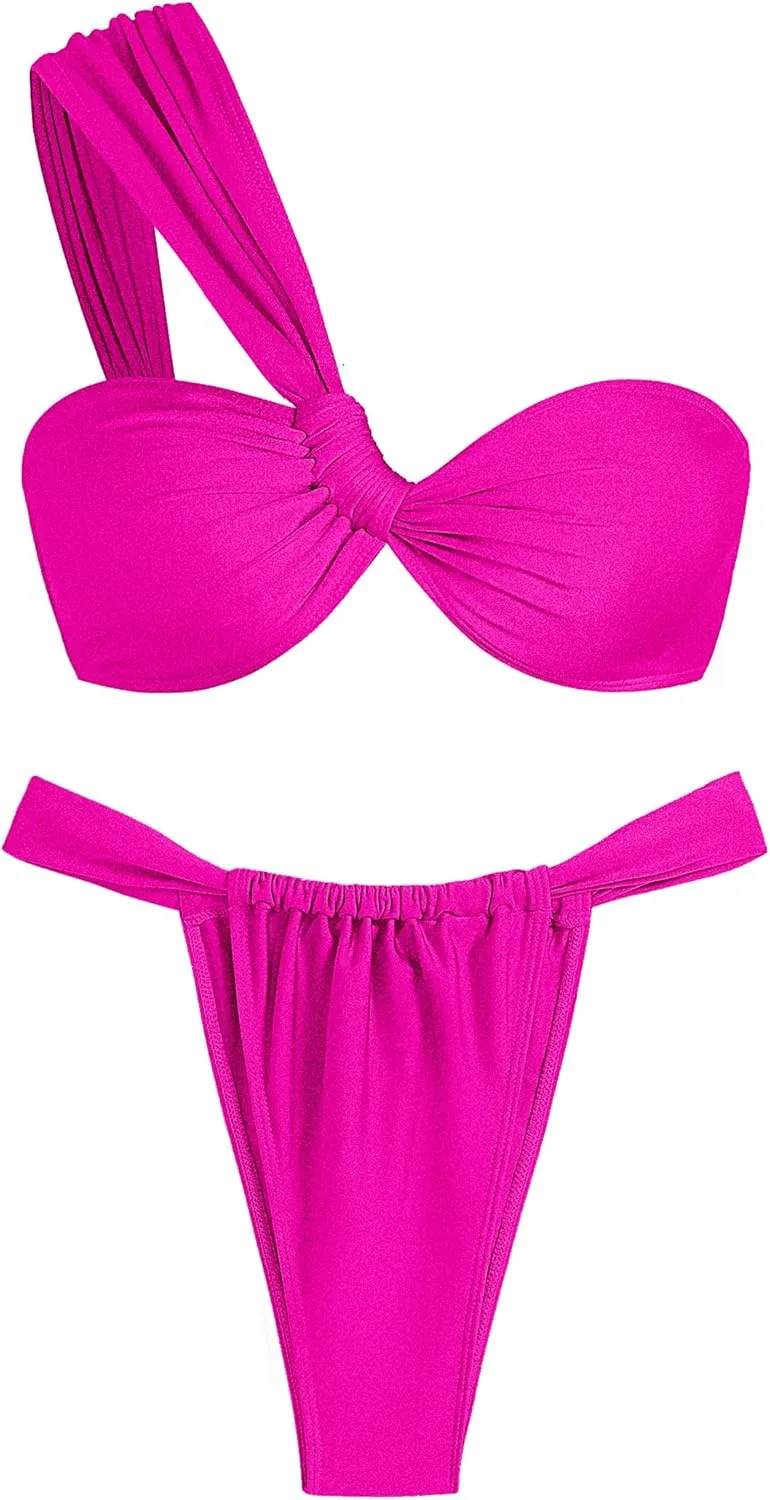 ZAFUL Women's One Shoulder Bikini Twisted Ruched High Cut Bandeau Bikini Set Two Piece Swimsuit