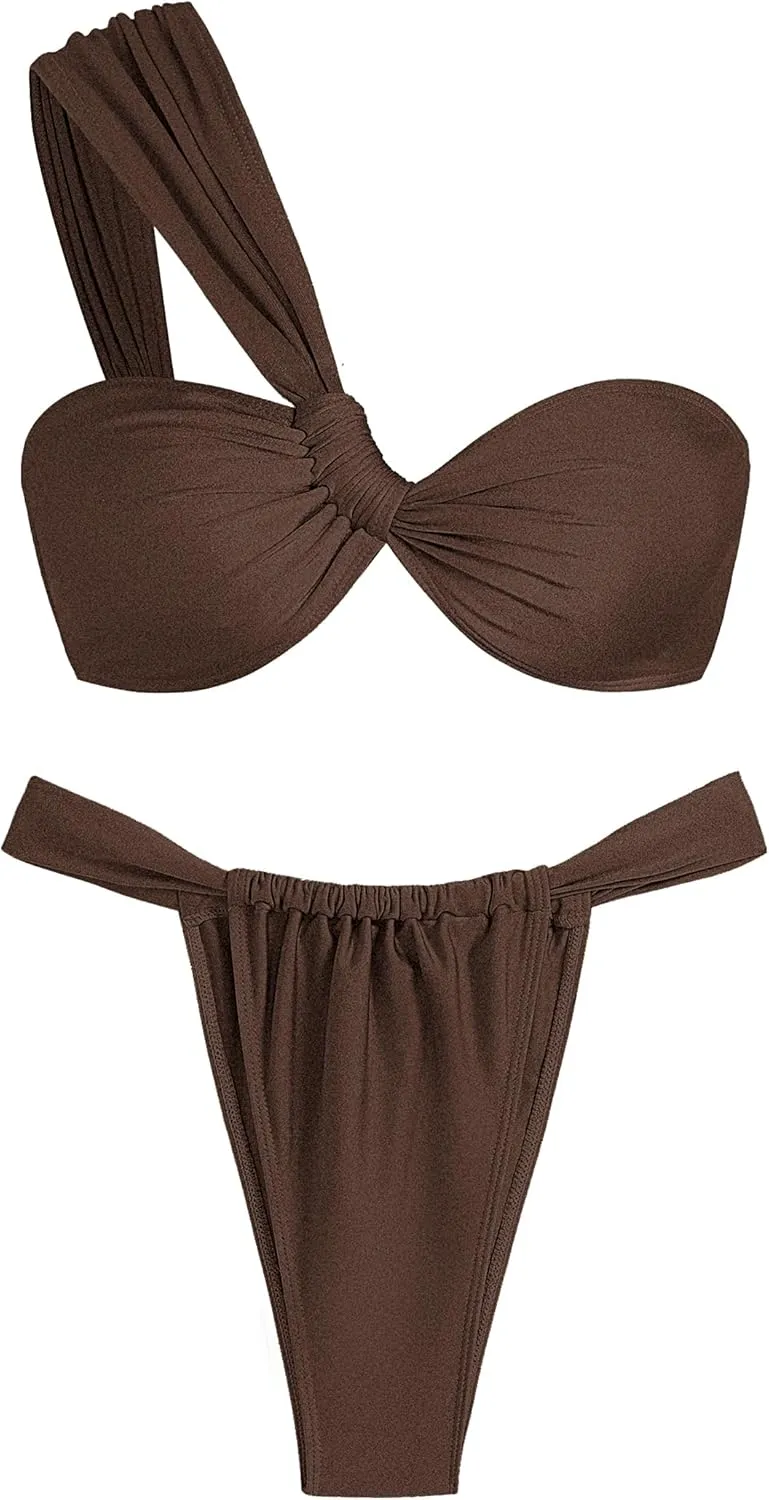 ZAFUL Women's One Shoulder Bikini Twisted Ruched High Cut Bandeau Bikini Set Two Piece Swimsuit