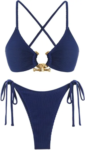 ZAFUL Women's Sexy Cutout Bikini Set High Cut Textured Metal Ring Cheeky Swimsuit Two Piece Bathing Suit