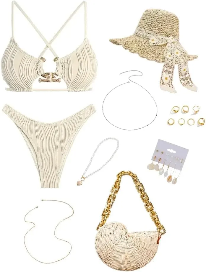 ZAFUL Women's Sexy Cutout Bikini Set High Cut Textured Metal Ring Cheeky Swimsuit Two Piece Bathing Suit