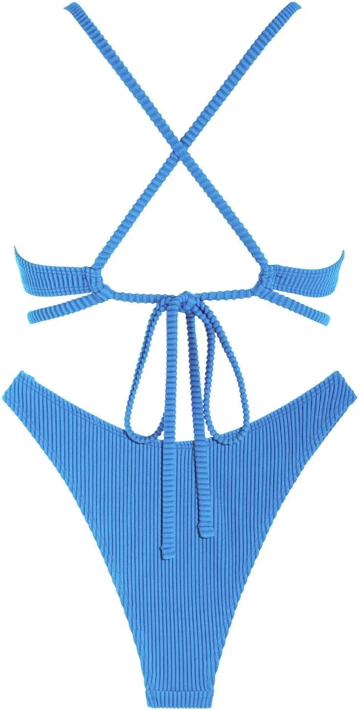 ZAFUL Women's Sexy Cutout Bikini Set High Cut Textured Metal Ring Cheeky Swimsuit Two Piece Bathing Suit
