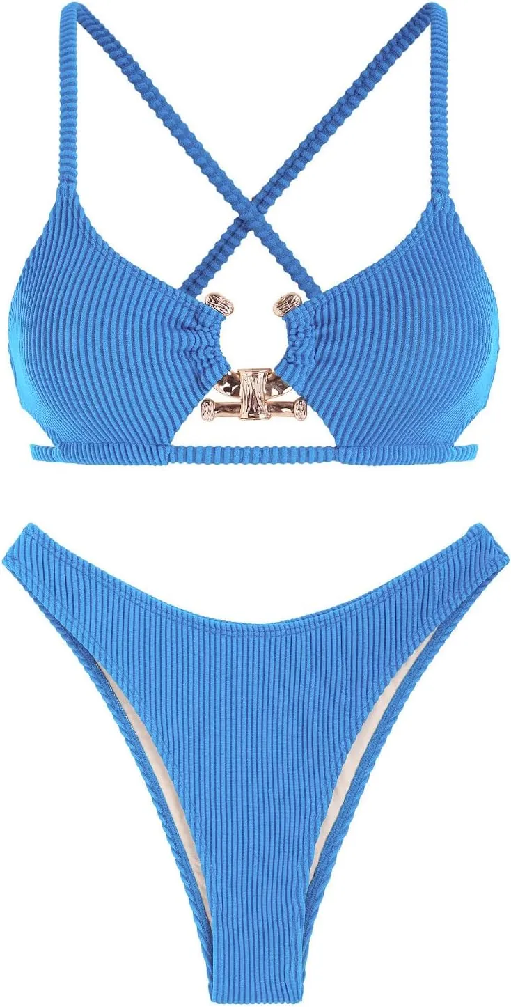 ZAFUL Women's Sexy Cutout Bikini Set High Cut Textured Metal Ring Cheeky Swimsuit Two Piece Bathing Suit