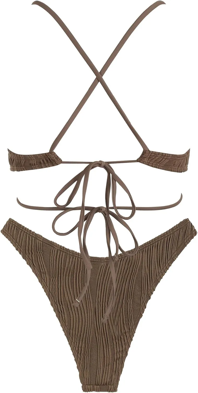 ZAFUL Women's Sexy Cutout Bikini Set High Cut Textured Metal Ring Cheeky Swimsuit Two Piece Bathing Suit