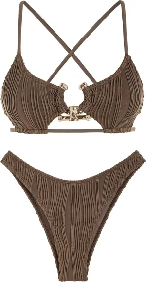 ZAFUL Women's Sexy Cutout Bikini Set High Cut Textured Metal Ring Cheeky Swimsuit Two Piece Bathing Suit