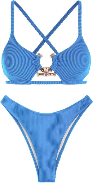 ZAFUL Women's Sexy Cutout Bikini Set High Cut Textured Metal Ring Cheeky Swimsuit Two Piece Bathing Suit