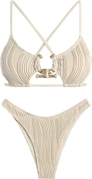 ZAFUL Women's Sexy Cutout Bikini Set High Cut Textured Metal Ring Cheeky Swimsuit Two Piece Bathing Suit