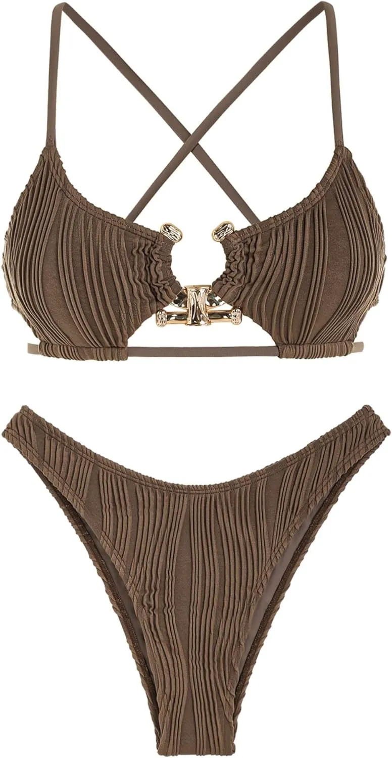 ZAFUL Women's Sexy Cutout Bikini Set High Cut Textured Metal Ring Cheeky Swimsuit Two Piece Bathing Suit