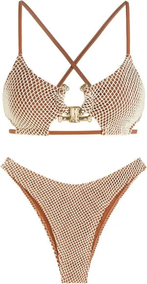 ZAFUL Women's Sexy Cutout Bikini Set High Cut Textured Metal Ring Cheeky Swimsuit Two Piece Bathing Suit