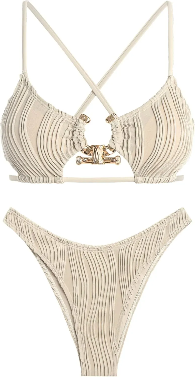 ZAFUL Women's Sexy Cutout Bikini Set High Cut Textured Metal Ring Cheeky Swimsuit Two Piece Bathing Suit