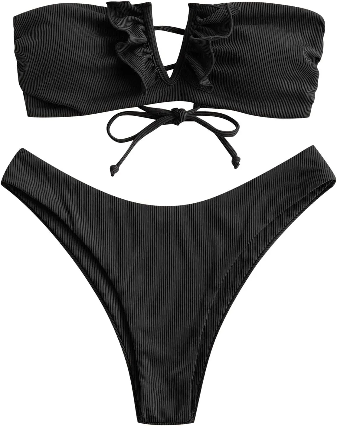 ZAFUL Women's Strapless Ribbed V Wired Lace Up Ruffle Tie High Cut Bandeau Swimsuits Bikini Set