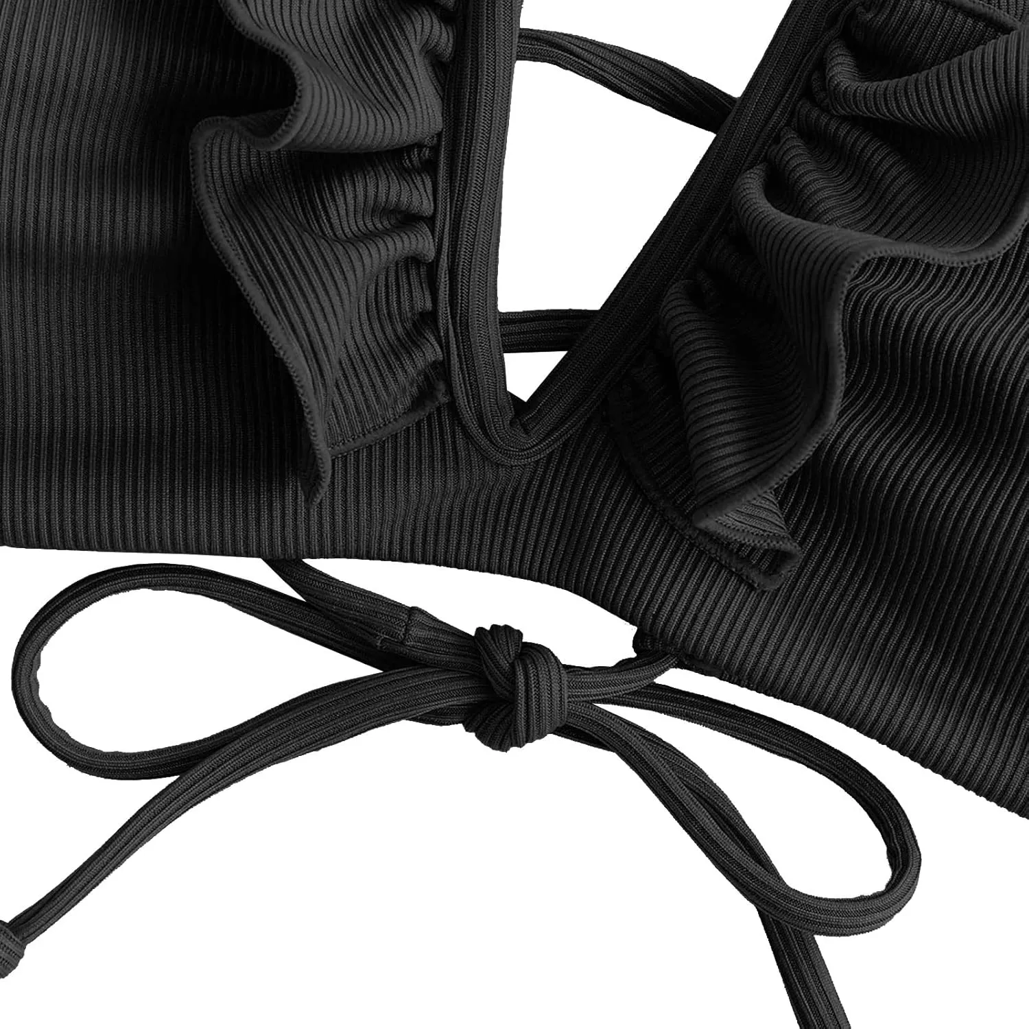 ZAFUL Women's Strapless Ribbed V Wired Lace Up Ruffle Tie High Cut Bandeau Swimsuits Bikini Set
