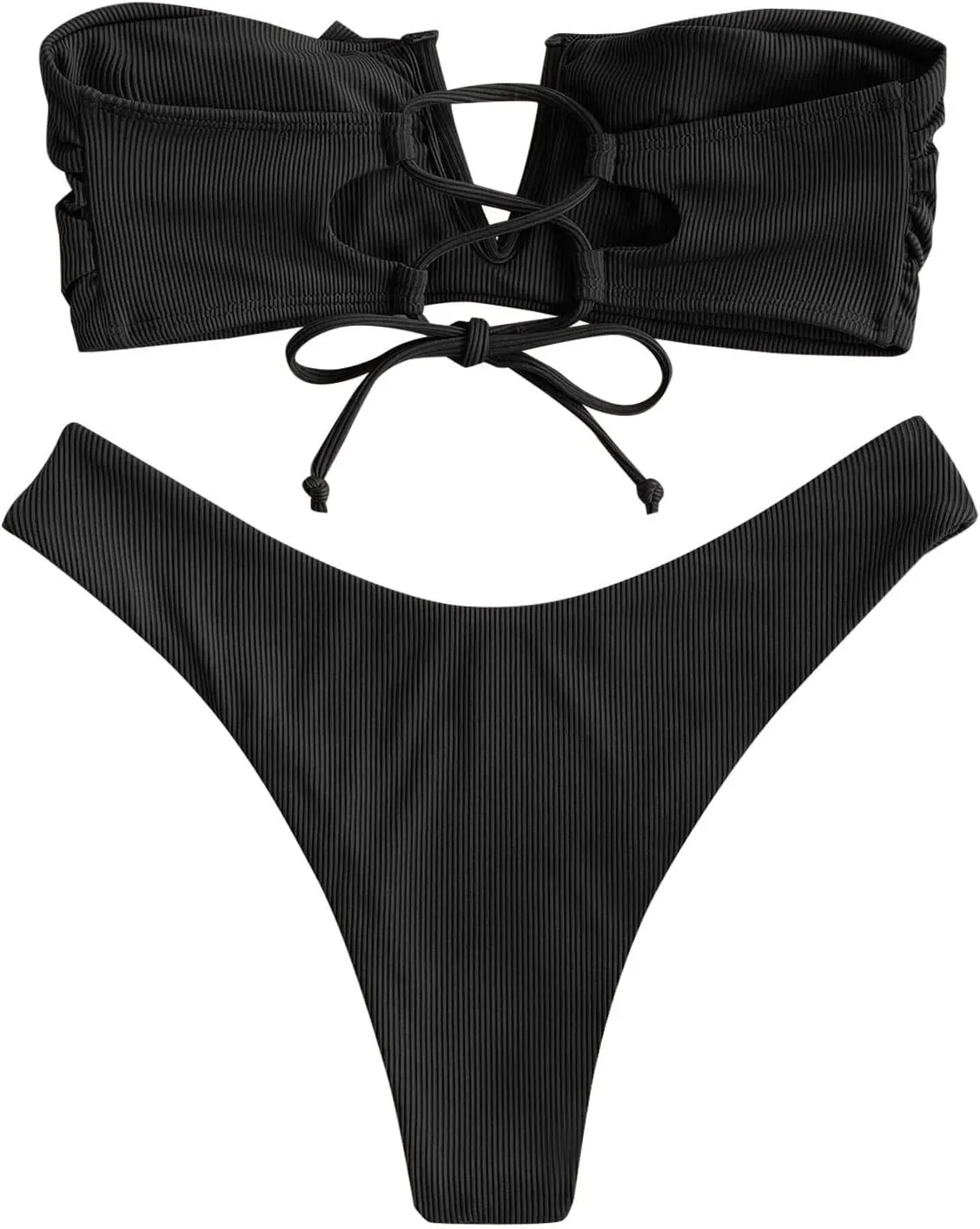 ZAFUL Women's Strapless Ribbed V Wired Lace Up Ruffle Tie High Cut Bandeau Swimsuits Bikini Set
