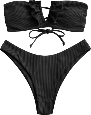 ZAFUL Women's Strapless Ribbed V Wired Lace Up Ruffle Tie High Cut Bandeau Swimsuits Bikini Set