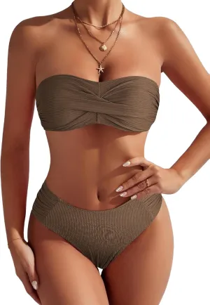 ZAFUL Women's Strapless Twist Bandeau Bikini 2 Piece Swimwear Cheeky Solid Lace up Bathing Suits
