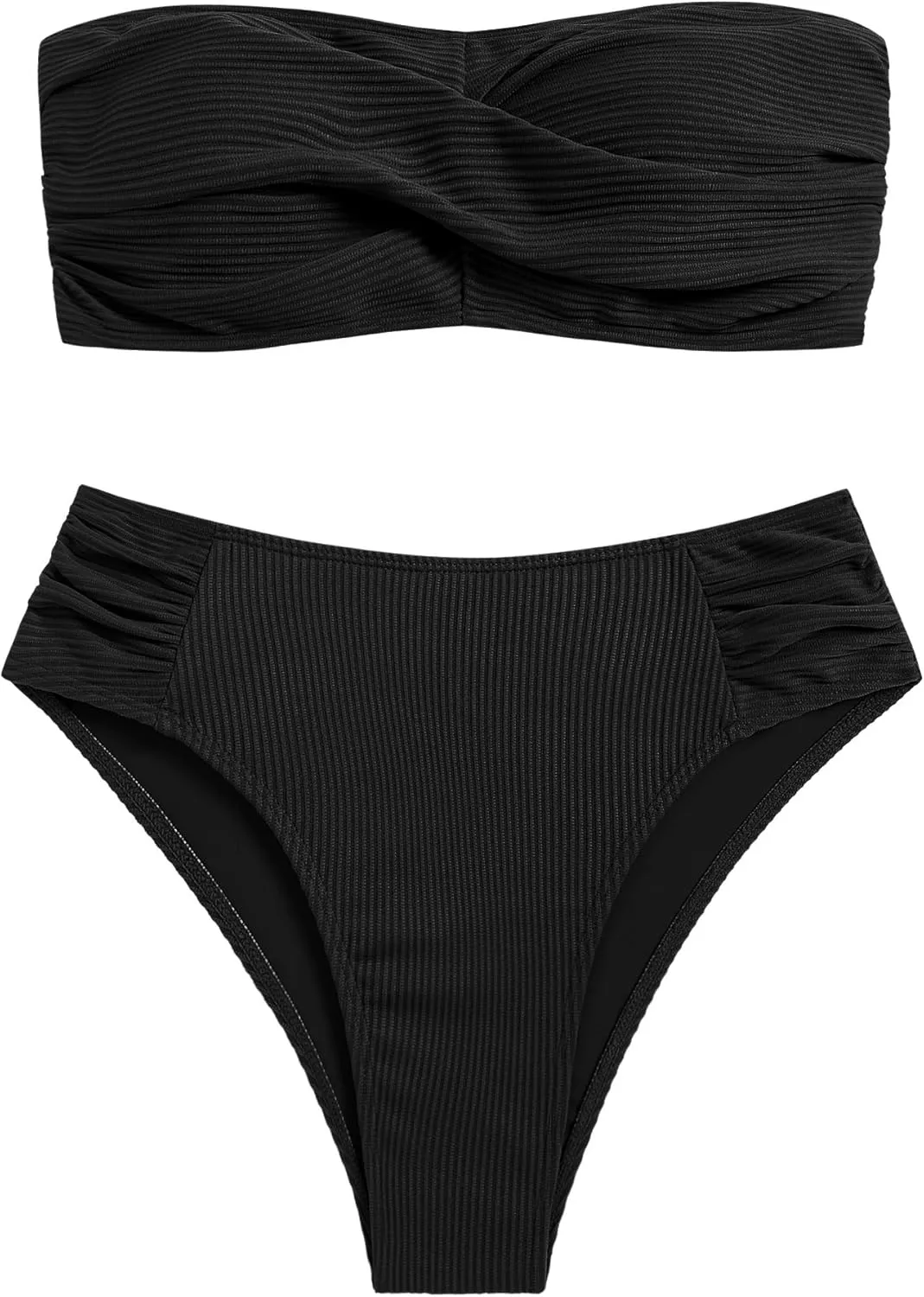 ZAFUL Women's Strapless Twist Bandeau Bikini 2 Piece Swimwear Cheeky Solid Lace up Bathing Suits
