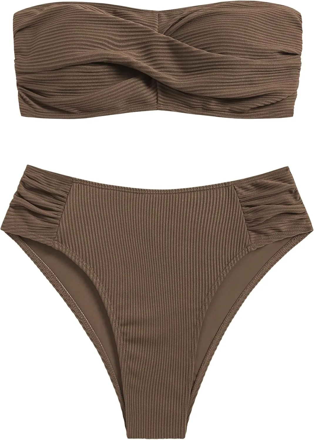 ZAFUL Women's Strapless Twist Bandeau Bikini 2 Piece Swimwear Cheeky Solid Lace up Bathing Suits