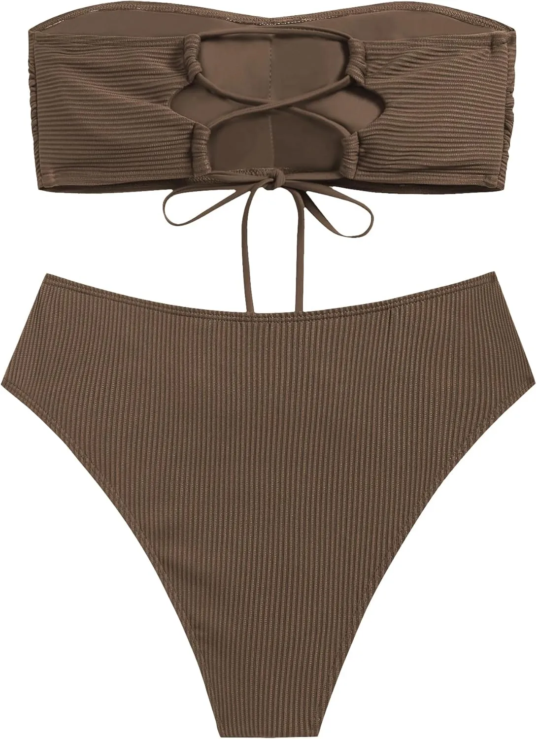 ZAFUL Women's Strapless Twist Bandeau Bikini 2 Piece Swimwear Cheeky Solid Lace up Bathing Suits
