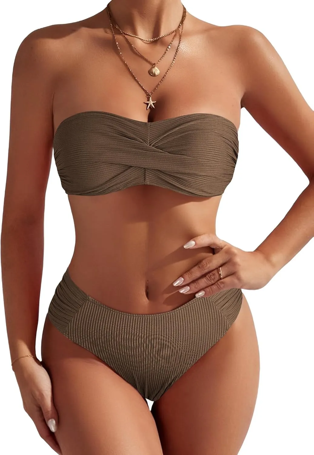 ZAFUL Women's Strapless Twist Bandeau Bikini 2 Piece Swimwear Cheeky Solid Lace up Bathing Suits
