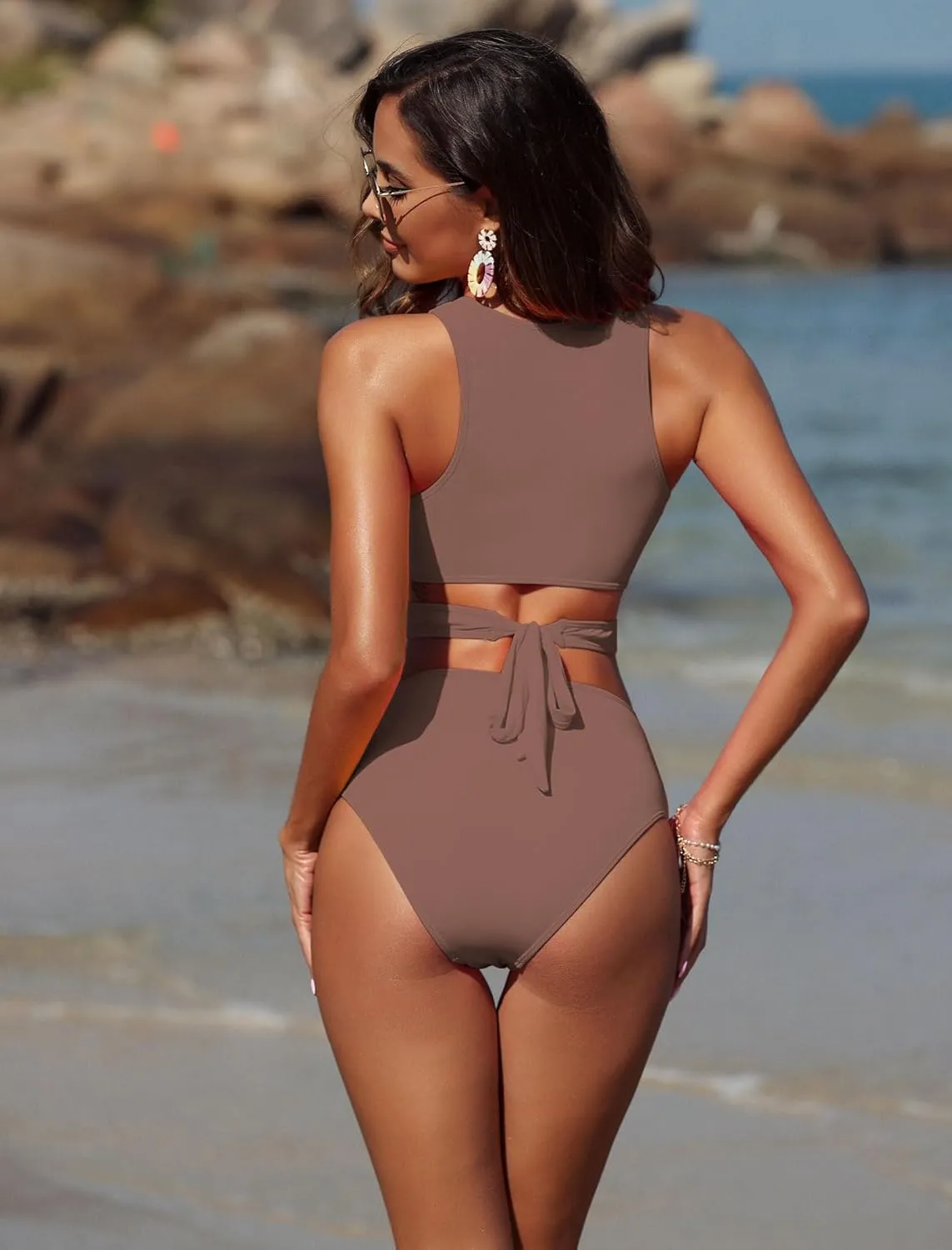 ZAFUL Women's Swimsuit High Waisted Bikini Sets Two Piece Swimsuit Scoop Neck Tank Side Cutout Midkini Stitching