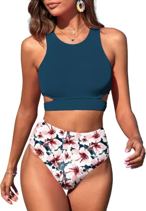 ZAFUL Women's Swimsuit High Waisted Bikini Sets Two Piece Swimsuit Scoop Neck Tank Side Cutout Midkini Stitching