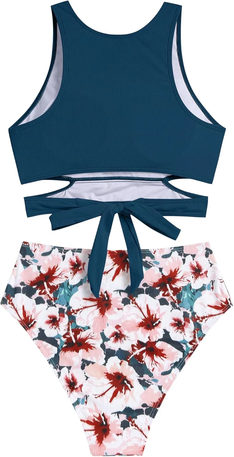 ZAFUL Women's Swimsuit High Waisted Bikini Sets Two Piece Swimsuit Scoop Neck Tank Side Cutout Midkini Stitching