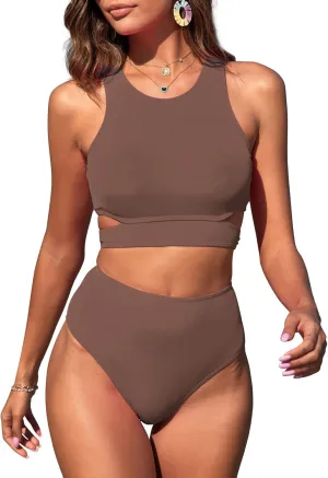 ZAFUL Women's Swimsuit High Waisted Bikini Sets Two Piece Swimsuit Scoop Neck Tank Side Cutout Midkini Stitching