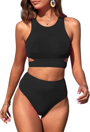 ZAFUL Women's Swimsuit High Waisted Bikini Sets Two Piece Swimsuit Scoop Neck Tank Side Cutout Midkini Stitching