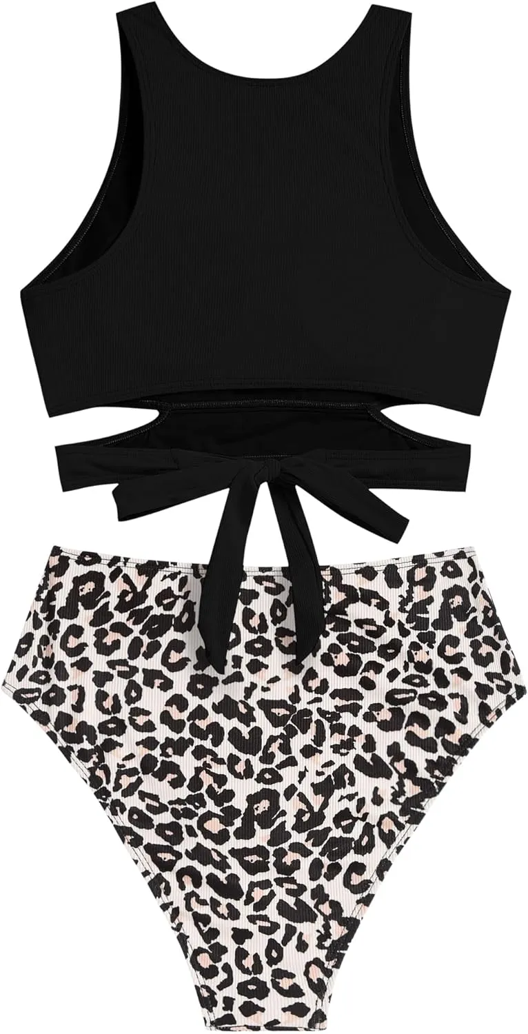 ZAFUL Women's Swimsuit High Waisted Bikini Sets Two Piece Swimsuit Scoop Neck Tank Side Cutout Midkini Stitching