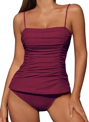 ZAFUL Womens Tankini Swimsuits 2025 Spaghetti Strap Two Pieces Ruched Top Tummy Control High Waisted Bottom Bathing Suits