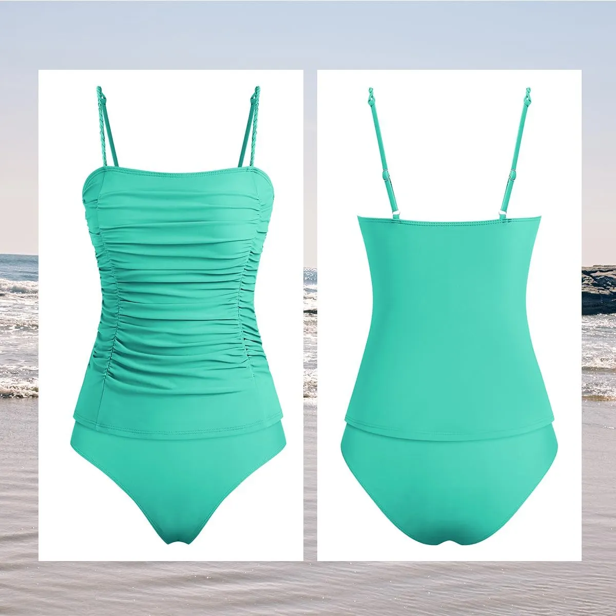 ZAFUL Womens Tankini Swimsuits 2025 Spaghetti Strap Two Pieces Ruched Top Tummy Control High Waisted Bottom Bathing Suits