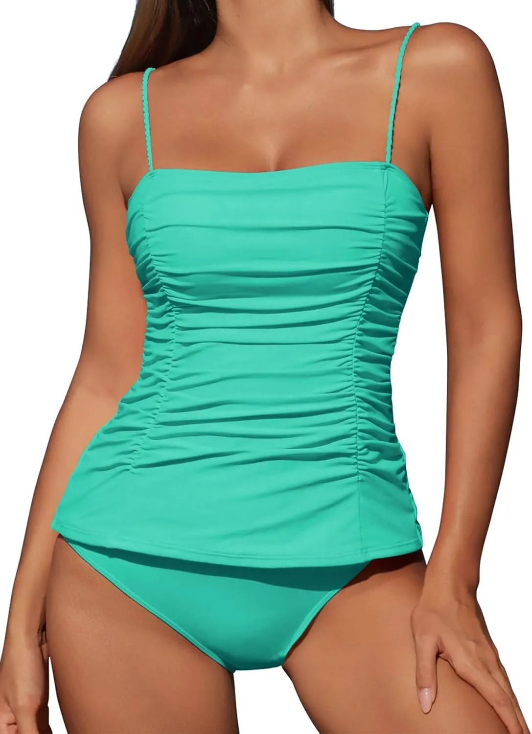 ZAFUL Womens Tankini Swimsuits 2025 Spaghetti Strap Two Pieces Ruched Top Tummy Control High Waisted Bottom Bathing Suits