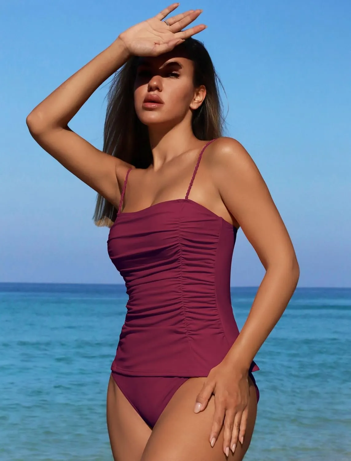 ZAFUL Womens Tankini Swimsuits 2025 Spaghetti Strap Two Pieces Ruched Top Tummy Control High Waisted Bottom Bathing Suits