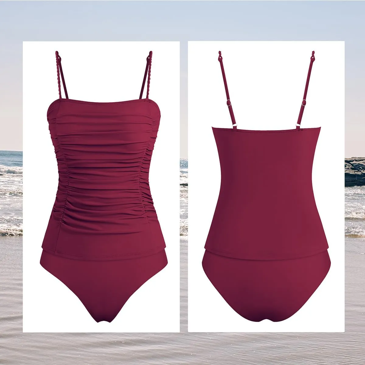 ZAFUL Womens Tankini Swimsuits 2025 Spaghetti Strap Two Pieces Ruched Top Tummy Control High Waisted Bottom Bathing Suits
