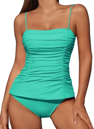 ZAFUL Womens Tankini Swimsuits 2025 Spaghetti Strap Two Pieces Ruched Top Tummy Control High Waisted Bottom Bathing Suits