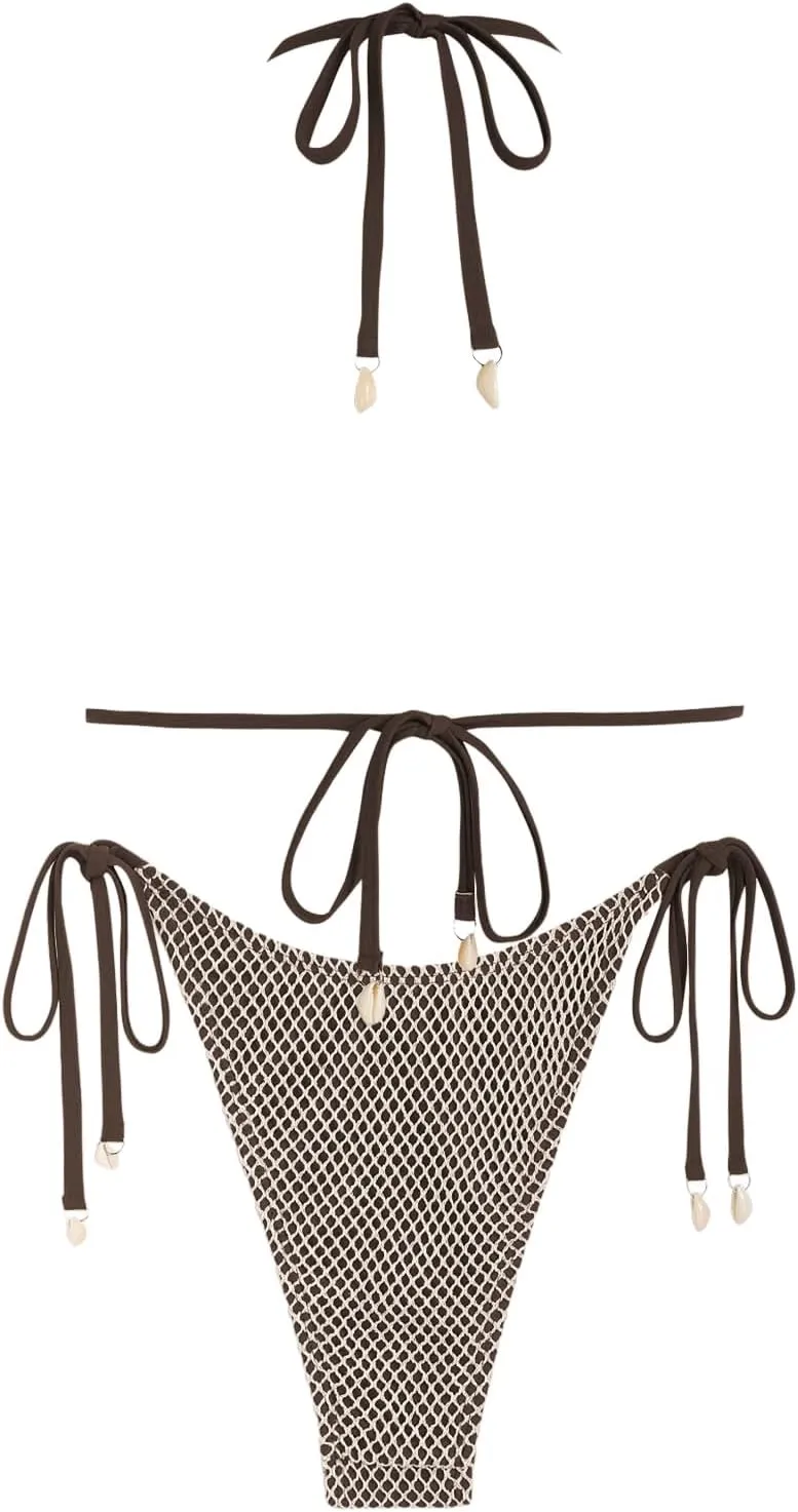 ZAFUL Women's Triangle Bikini Multiway Fishnet Tie Side Bandeau Halter String Bikini Set Two Piece Swimsuit Bathing Suits