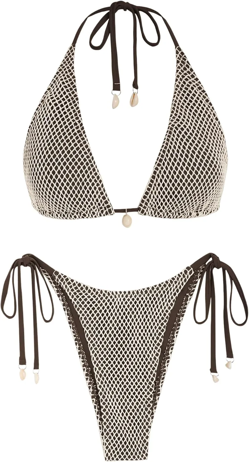 ZAFUL Women's Triangle Bikini Multiway Fishnet Tie Side Bandeau Halter String Bikini Set Two Piece Swimsuit Bathing Suits
