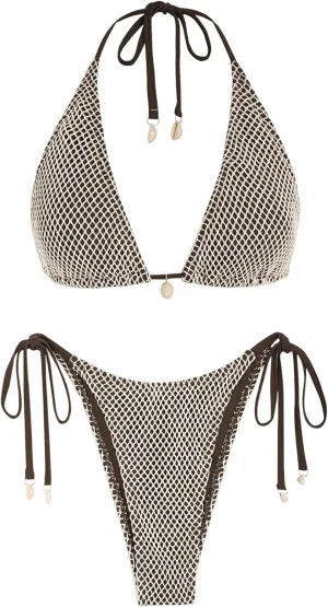 ZAFUL Women's Triangle Bikini Multiway Fishnet Tie Side Bandeau Halter String Bikini Set Two Piece Swimsuit Bathing Suits