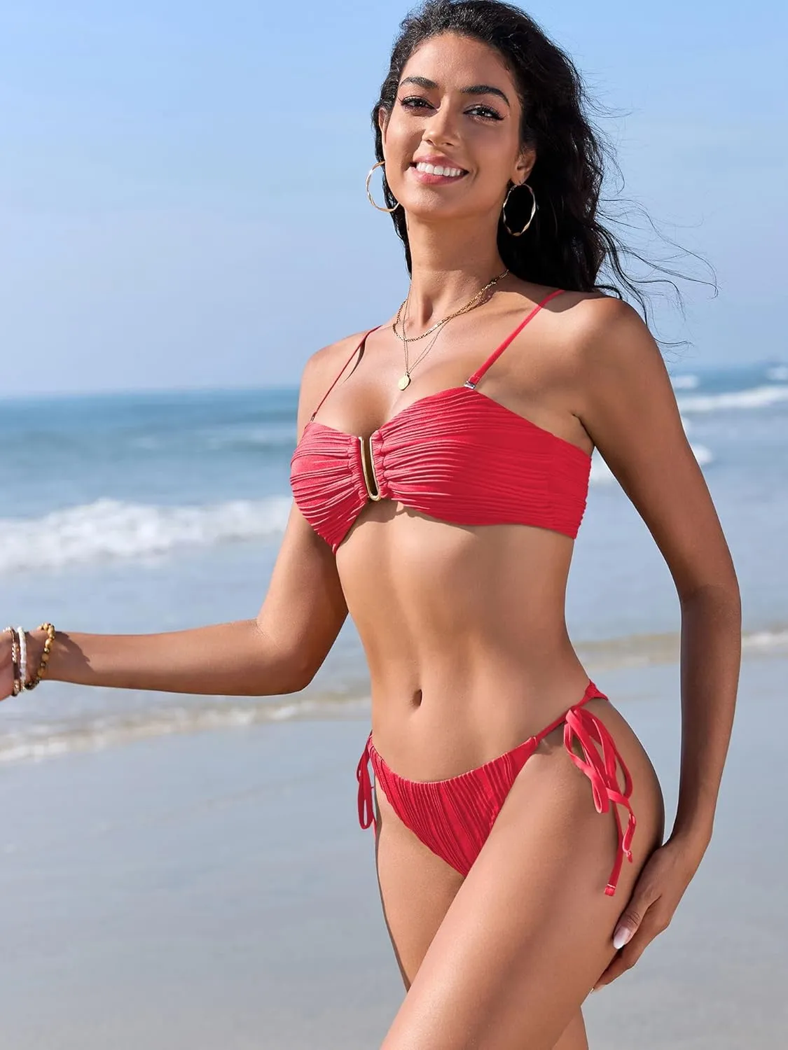 ZAFUL Women's U Wired Bikini Set Textured Bandeau Swimwear Tie Side High Cut Swimsuit Sexy 2 Piece Bathing Suit