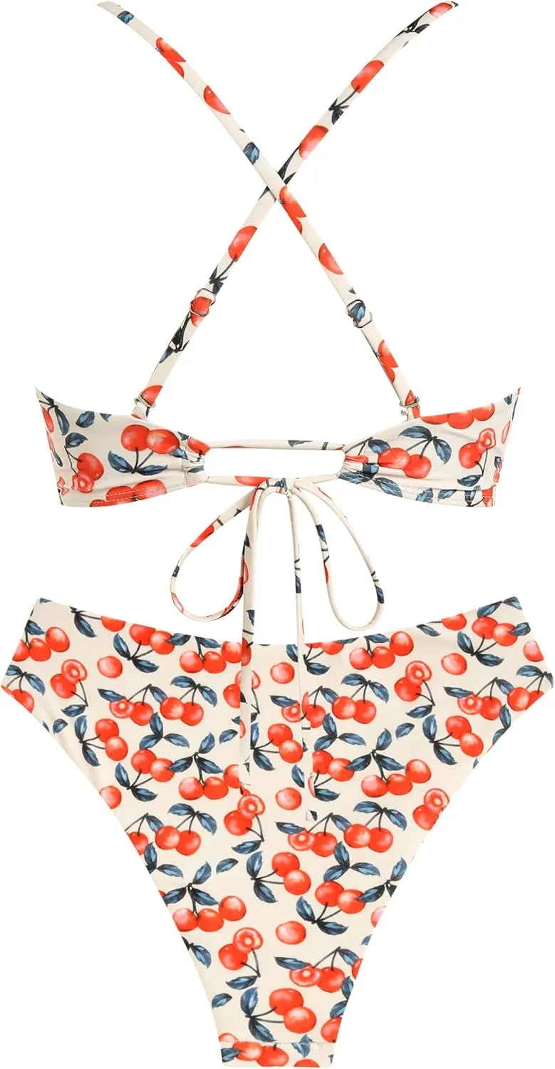 ZAFUL Women's V Neck Bikini Set High Waisted Swimsuits Lace Up Bow Decor Cheeky Two Piece Bathing Suit