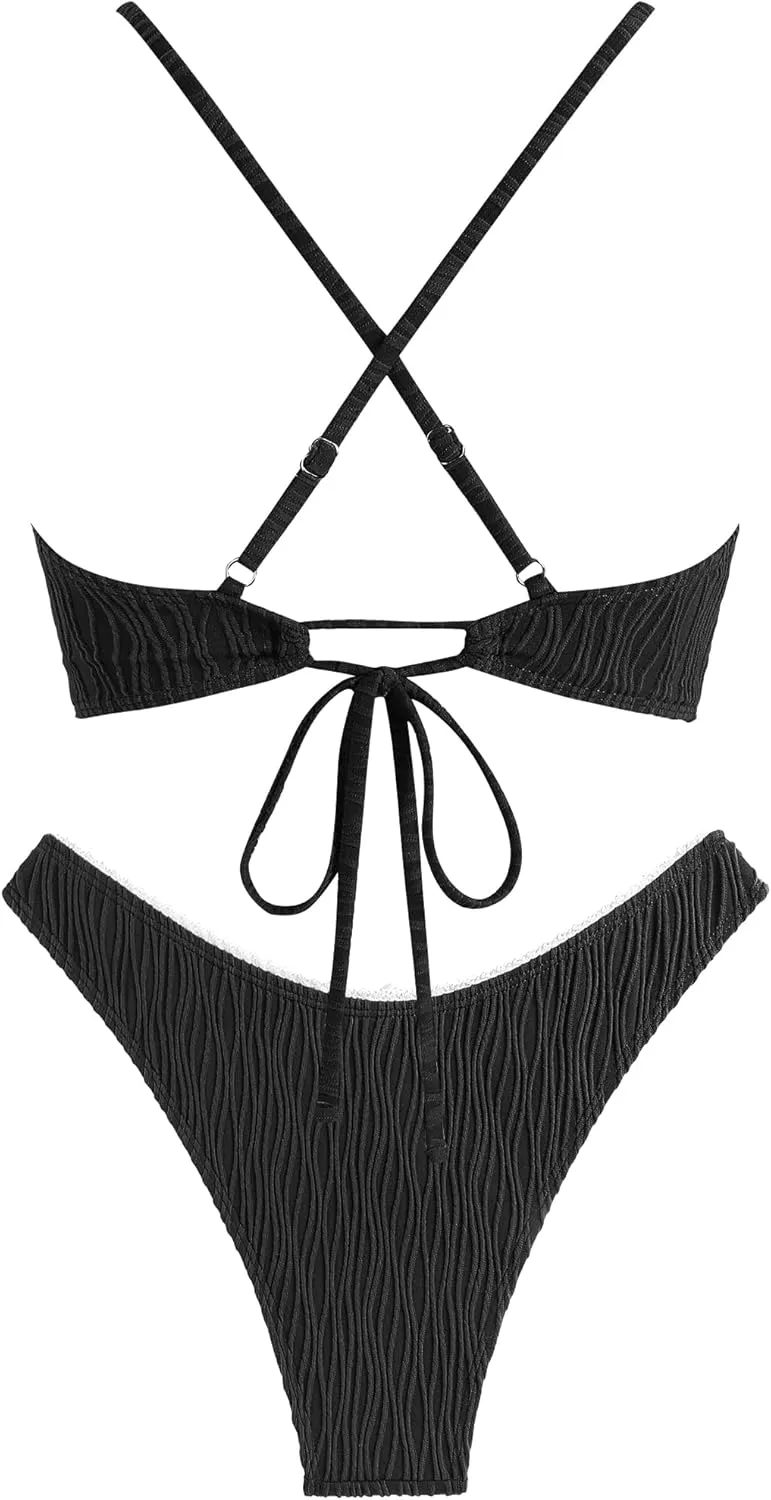 ZAFUL Women's V Neck Bikini Set High Waisted Swimsuits Lace Up Bow Decor Cheeky Two Piece Bathing Suit