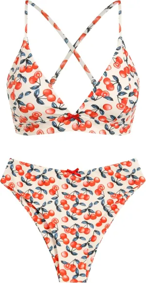 ZAFUL Women's V Neck Bikini Set High Waisted Swimsuits Lace Up Bow Decor Cheeky Two Piece Bathing Suit