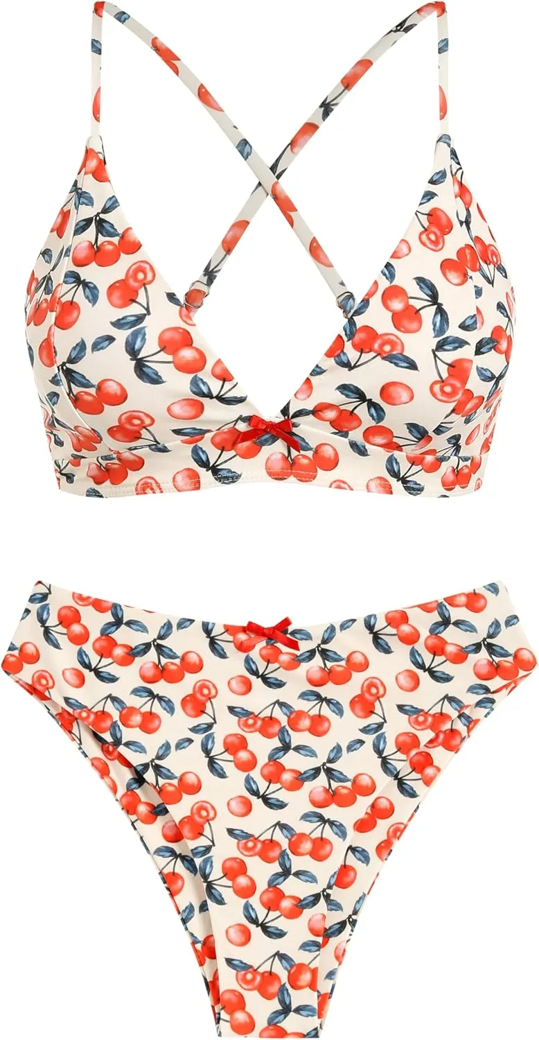 ZAFUL Women's V Neck Bikini Set High Waisted Swimsuits Lace Up Bow Decor Cheeky Two Piece Bathing Suit